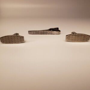 Men's Silvertone Cufflinks Tie Clip Bar Set Brick Wall Masonry Geometric Pattern